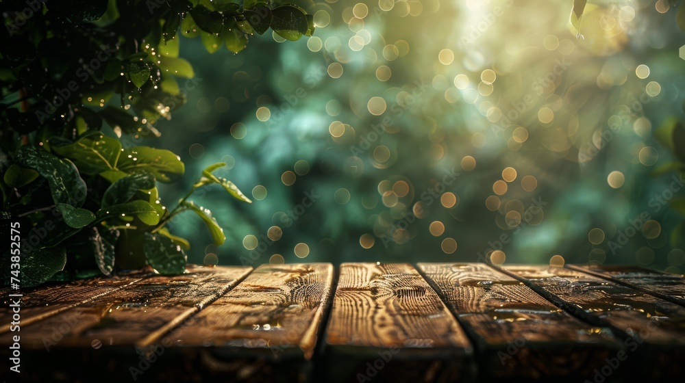 Each raindrop, a tiny masterpiece in its own right, adorned the weathered wood, reflecting the warm embrace of sunlight filtering through the lush canopy above. - obrazy, fototapety, plakaty 