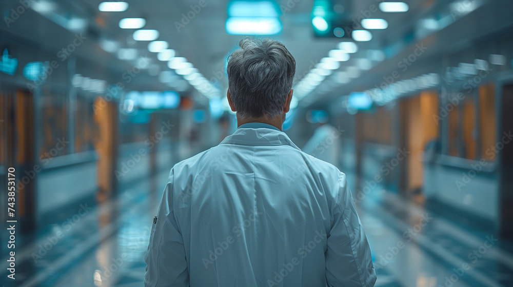 Confident an doctor with his back turned Standing in a Hospital Corridor Confident an doctor with his back turned Standing in a Hospital Corridor