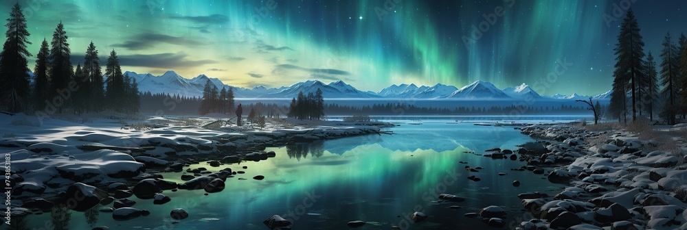 A mesmerizing aurora borealis dancing gracefully over a serene river, illuminating the night sky with vibrant colors