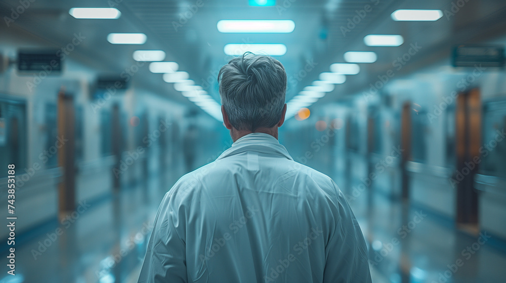 Confident an doctor with his back turned Standing in a Hospital Corridor Confident an doctor with his back turned Standing in a Hospital Corridor