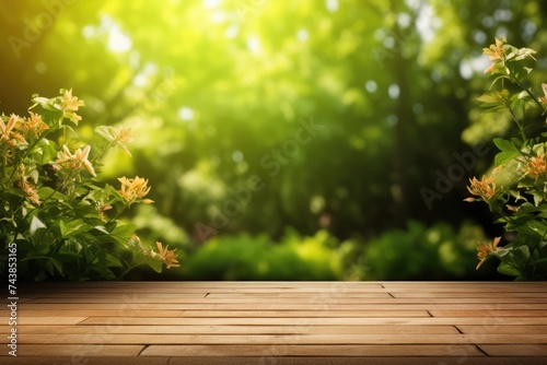 Empty Wooden Table Spring Time Blossoms With Green Nature Background
