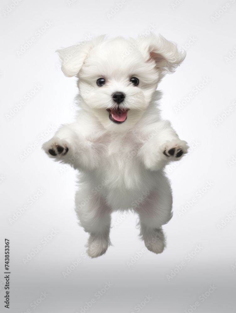 Adorable white Bichon Frise dog puppy jumping pose isolated on white background Adorable white Bichon Frise dog puppy jumping pose isolated on white background