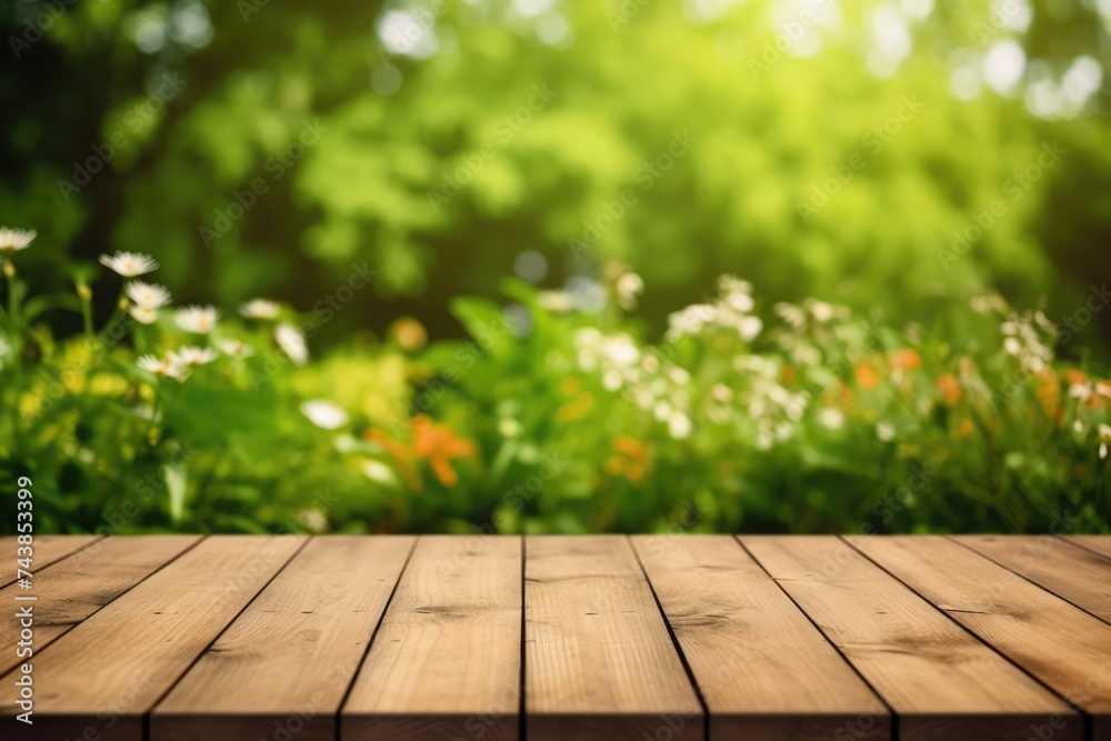 Empty Wooden Table Spring Time Blossoms With Green Nature Background