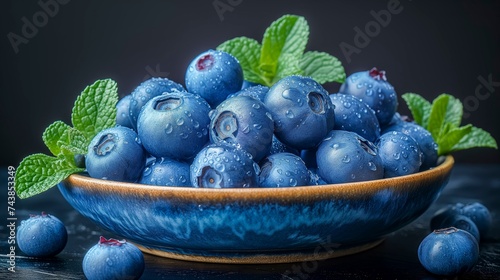 Close-Up Of Juicy Blueberries With Water Droplets And Green Leaves On A Dark Reflective Surface.