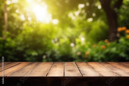 Empty Wooden Table Spring Time Blossoms With Green Nature Background