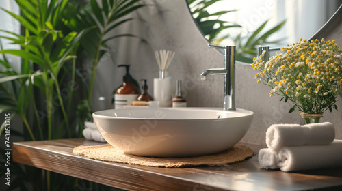 Bathroom Sink Table with Hygiene Accessories.