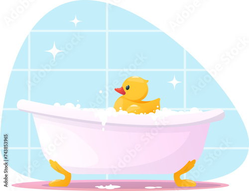 Ceramic bathtub with yellow toy duckling and soapy foam bathroom fixtures. Stock vector illustration