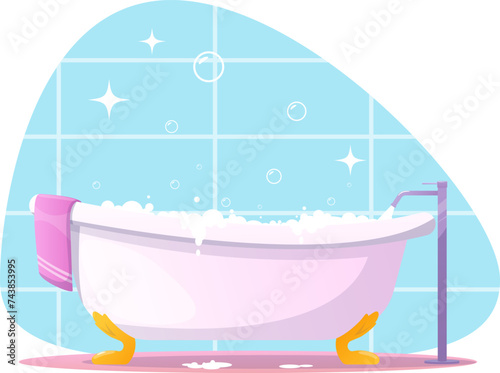 Bathroom with ceramic bathtub, faucet, foam and bath towel. Stock vector illustration