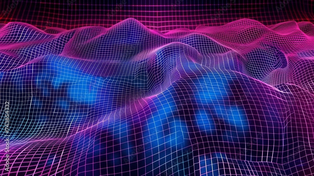 Fototapeta premium Synthetic grid background. Abstract pastel holographic blurred grainy banner background texture in vaporwave style 