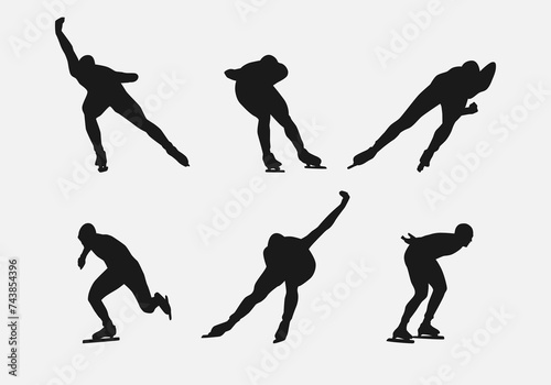 Silhouettes of speed skating. Winter sport, athlete, race, competition concept. Isolated on white background. Vector illustration.