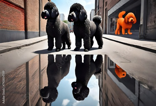 Street art artistic image of 2 newfoundlands 2 male standard poodles. AI generated © Muhammad