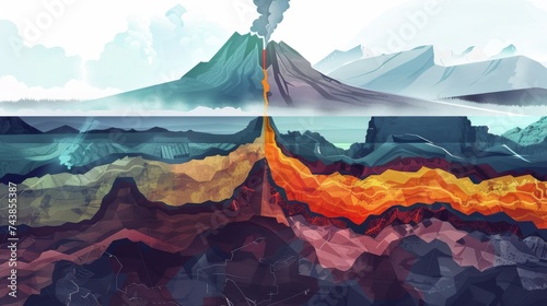 Illustrative cross-section of an active volcano with magma chamber and mineral layers photo