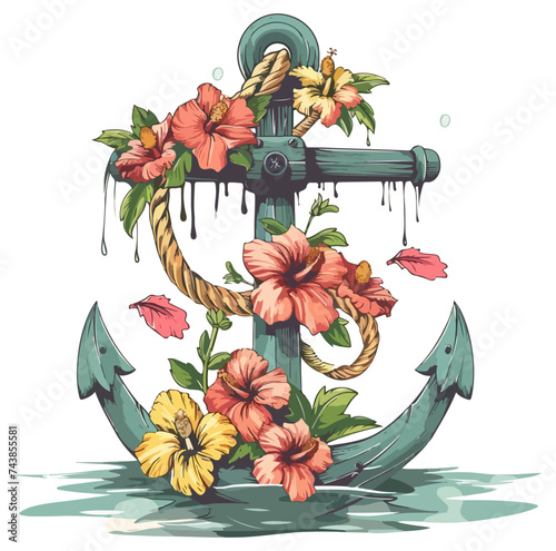 anchor covered with hibiscus, Anchor adorned with Flowers