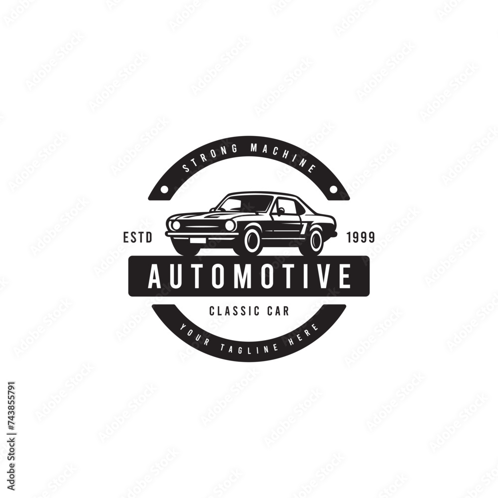 Automotive logo with car silhouette. Classic minimalist style. Suitable for car, vehicle or machine business logos. Automotive logo with car silhouette. Classic minimalist style. Suitable for car, vehicle or machine business logos.