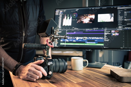 Photographe vidéaste créatif devant un ordinateur en train de faire du montage et de la post-production dans un studio photo