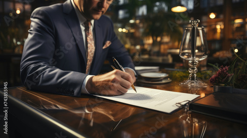 businessman hand signing and writing on a piece of paper on a luxury wooden table with flower bouquets and luxury cafe background created with Generative AI Technology © AstraNova
