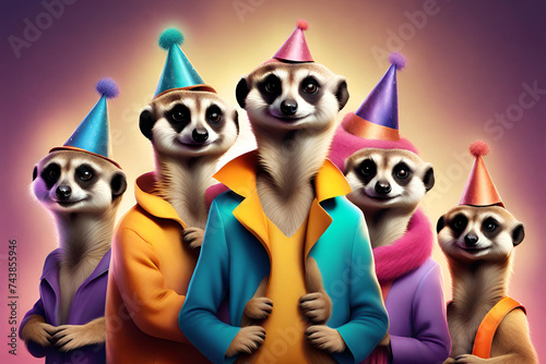 Creative animal concept. Meerkat in a group, vibrant bright fashionable outfits isolated on solid background advertisement, copy text space. birthday party invite invitation banner photo
