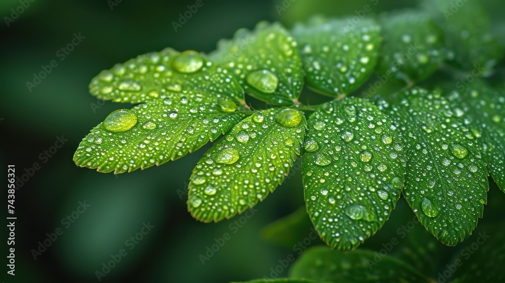 Sparkling dewdrops cling to a vibrant green leaf Sparkling dewdrops cling to a vibrant green leaf