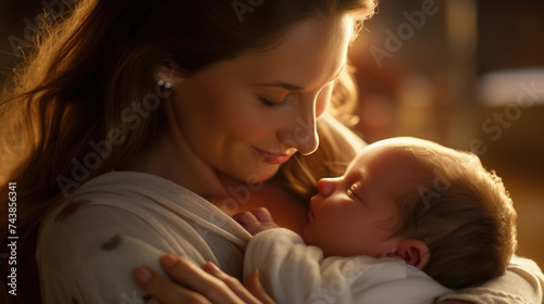Joyful happiness mother lovingly holding and hugging her newborn child in a warm home with beautiful sunlight