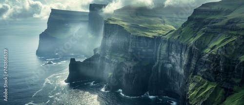 The rugged beauty of the Faroe Islands, Denmark, where dramatic cliffs plunge into the swirling waters of the North Atlantic