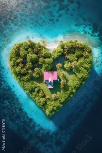 A captivating heart-shaped island emerges from the vast expanse of the ocean, creating a tranquil oasis surrounded by shimmering waters