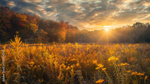 Fototapeta Naklejka Na Ścianę i Meble -  Goldenrod in the autumn landscape, showcasing its warm hues amidst fall foliage.