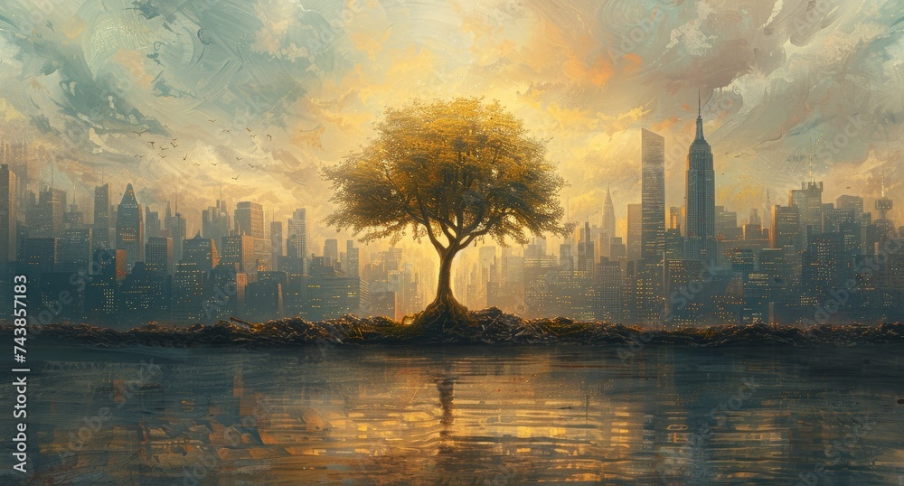 A tranquil landscape painting captures the harmonious balance between nature and urbanization, as a lone tree stands tall on a hill overlooking the bustling city below, with wispy clouds and a serene