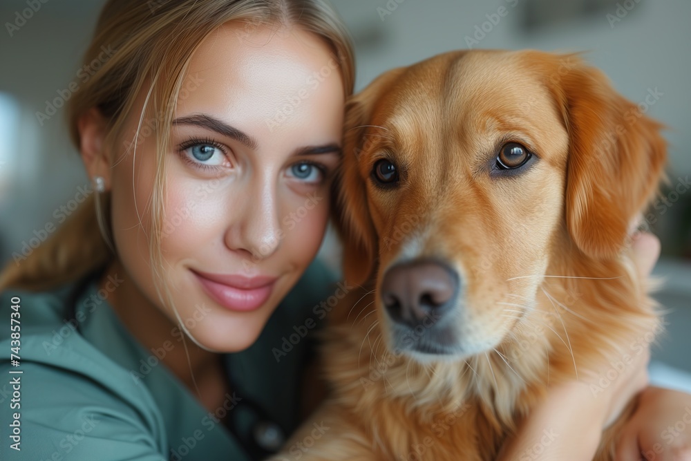 A cheerful woman strikes a pose with her beloved brown dog, radiating pure joy and companionship in this heartwarming indoor portrait