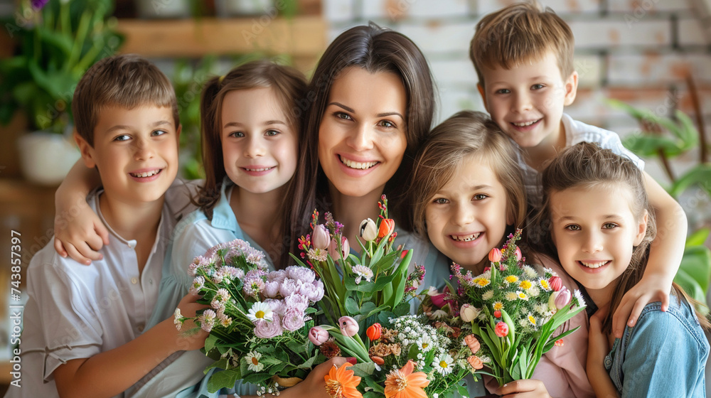 A charming family portrait of a mother surrounded by her sons and daughters, each holding a bouquet of flowers and smiling with pure joy