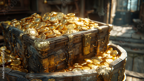 Antique Wooden Treasure Chest Brimming With Gold Coins in Mysterious Dimly Lit Room