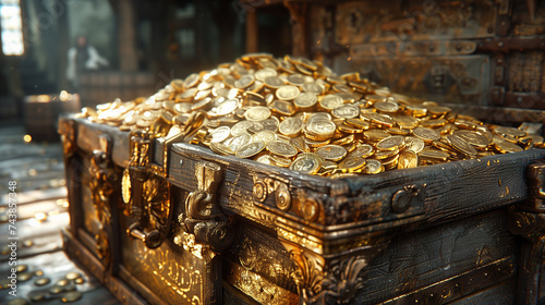 Antique Wooden Treasure Chest Brimming With Gold Coins in Mysterious Dimly Lit Room © PLATİNUM