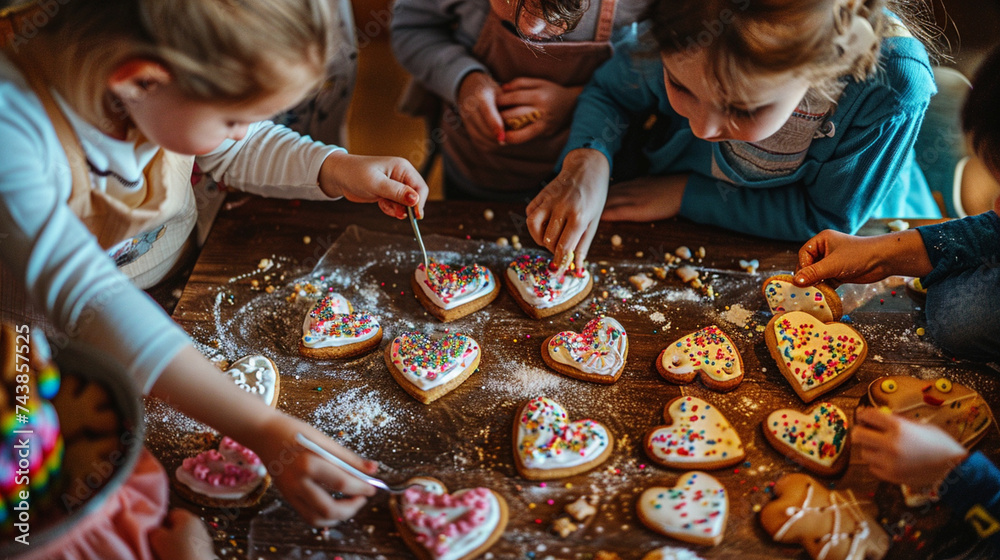 A cozy kitchen alive with the aroma of freshly baked cookies, where mothers and their children decorate heart-shaped treats with colorful icing and sprinkles - obrazy, fototapety, plakaty 