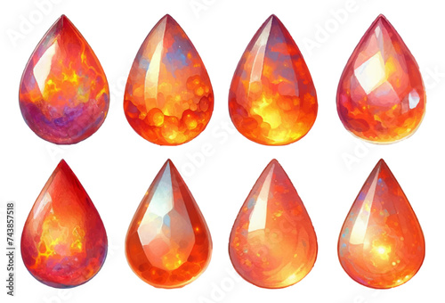 Teardrop-shaped fire opal rhinestone watercolor illustration material set