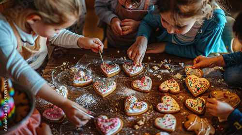 A cozy kitchen alive with the aroma of freshly baked cookies, where mothers and their children decorate heart-shaped treats with colorful icing and sprinkles photo