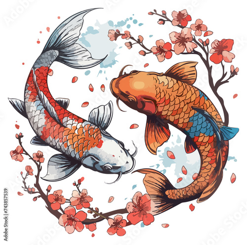 Koi fishes with cherry blossom