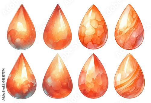 Teardrop-shaped fire opal rhinestone watercolor illustration material set