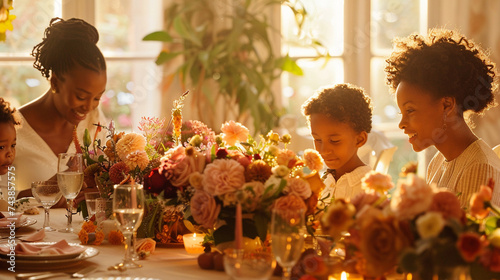 A heartwarming family dinner, where mothers and their children gather around the table adorned with bouquets of flowers and heart-shaped centerpieces