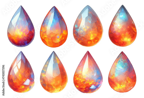 Teardrop-shaped fire opal rhinestone watercolor illustration material set