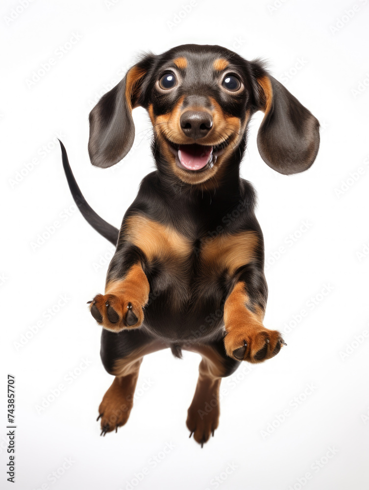 Adorable brown black Dachshund dog puppy jumping pose isolated on white background created with Generative AI Technology
