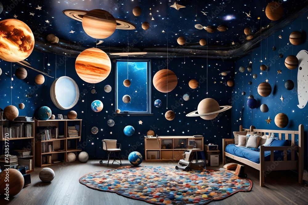 A space-themed room with planets and stars hanging from the ceiling