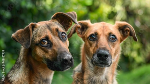 A pair of dogs with their heads tilted sideways in confusion as they listen to a strange noise