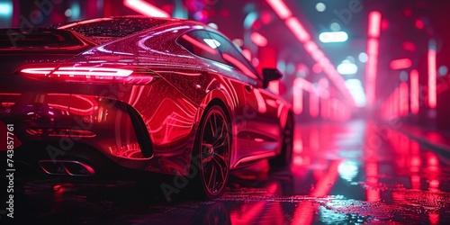 A sleek red sports car glides through the rain-soaked streets, its wheels glistening under the city lights, embodying the perfect blend of luxury and speed in its sleek automotive design