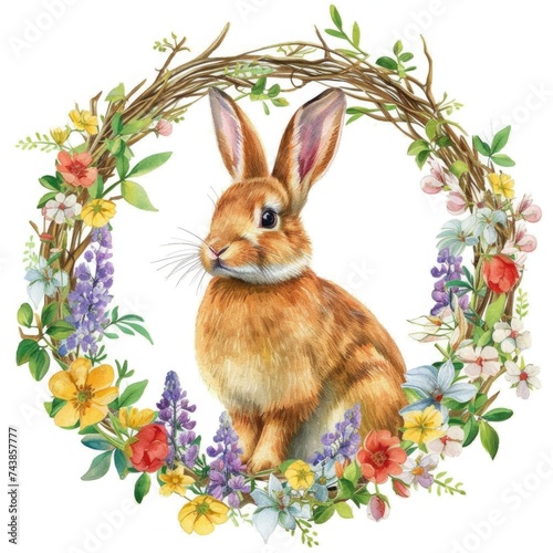 Easter rabbit with spring flower and leaf wreath