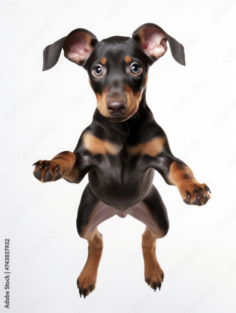 Adorable Dobermann Pinscher dog puppy jumping pose isolated on white background
