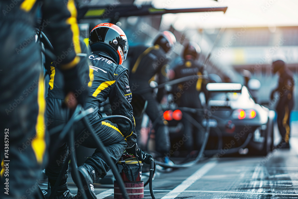Professional pit crew ready for action as their team Professional pit crew ready for action as their team