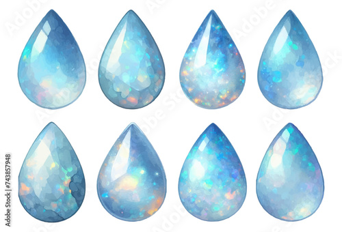 Teardrop-shaped blue opal rhinestone watercolor illustration material set