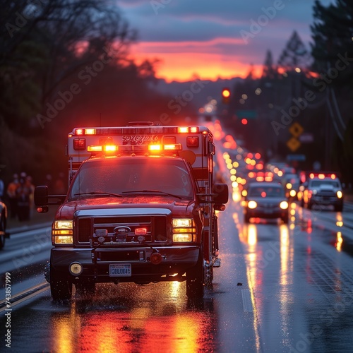 A convoy of emergency vehicles illuminates the night sky as they rush to respond to a city street engulfed in flames  the fiery glow reflecting off the sleek automotive lighting of the lead truck
