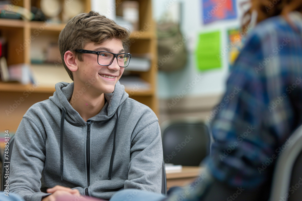 Smiling teenage boy talking with mental health professional