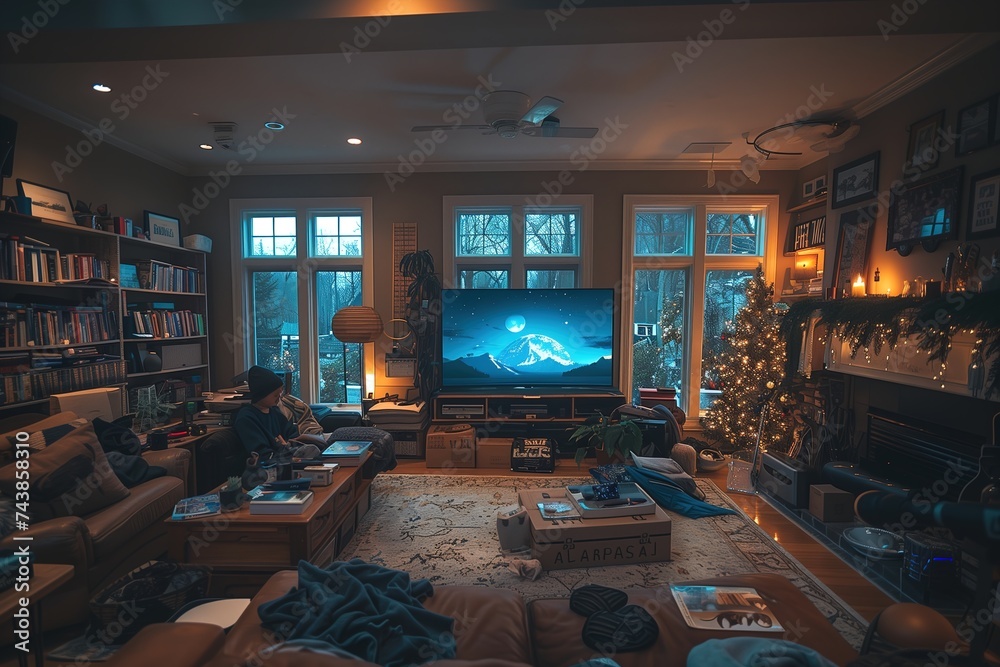 A cozy living room with modern furniture, adorned with a festive christmas tree, and a large television for ultimate relaxation and holiday cheer - obrazy, fototapety, plakaty 