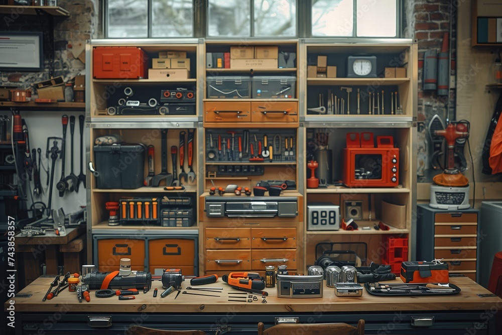 An organized indoor workbench adorned with a variety of tools on its shelves, displaying the craftsmanship and dedication of its owner
